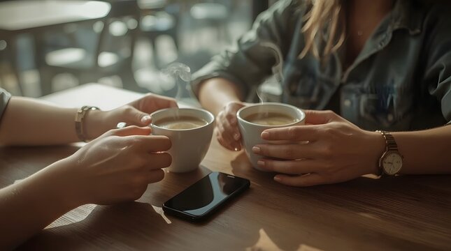 Two people holding cups of coffee and sitting at a table with a smartphone