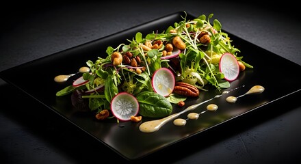 Gourmet salad with radishes and nuts on a black plate for a culinary experience