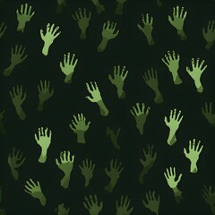 Fototapeta premium Seamless pattern of numerous green decaying hands reaching upward from a dark background Spooky zombie hand motif