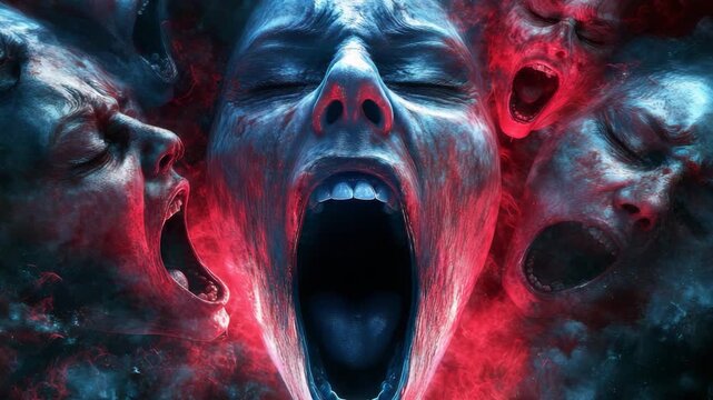 Terrifying demonic faces screaming in fiery nightmare
