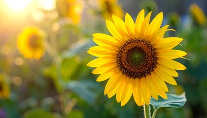 A vibrant sunflower in focus, bathed in warm sunlight, with other sunflowers softly blurred in the background