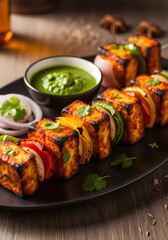 Grilled paneer tikka skewers with green chutney and colorful vegetables on a black plate