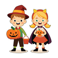 Halloween kids with pumpkins cartoon illustration