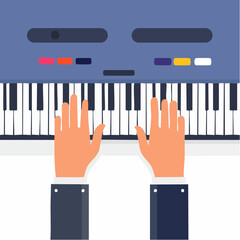 Hands Playing a Blue Electronic Keyboard Instrument with White Keys Vector Illustration