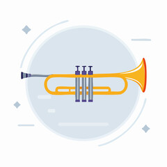 Stylized Illustration of a Trumpet with Blue and Yellow Accents and Decorative Elements on a White Background