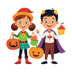 Happy Halloween kids with pumpkins cartoon illustration