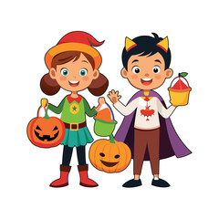 Happy Halloween kids with pumpkins cartoon illustration