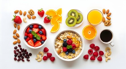 Healthy breakfast with fruits and nuts arranged on a white background for a balanced diet plan