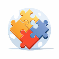 Four Colorful Jigsaw Puzzle Pieces Interlocking on a Light Blue Background with Shadow Effect Illustrative Graphic