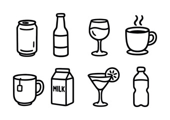 Fototapeta premium Collection of hand-drawn beverage icons including milk, wine, coffee, and soda