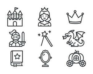 Fairy tale icons: princess, castle, sword, wand, dragon, pumpkin carriage