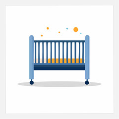 Blue Crib with Orange Mattress and Decorative Celestial Elements on White Background