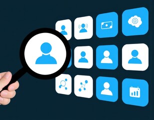 AI assistant concept with businessman holding magnifying glass highlighting artificial intelligence icons symbolizing smart agents digital transformation and future technology innovation ui interface 