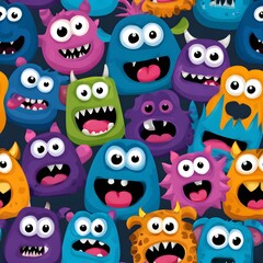Fototapeta premium Colorful cartoon monsters pattern with big eyes wide mouths and playful expressions against a dark background