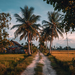 Dirt path winding through tropical landscape with tall palm trees and golden rice fields under a beautiful sunset sky, leading towards a distant house.
