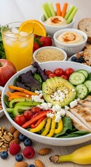 Healthy food assortment with fresh salad and orange juice on a bright white background