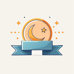 Illustration of Crescent Moon and Star with Ribbon Banner Decorated with Sparkling Stars in Pastel Colors