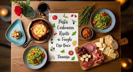 Italian cuisine feast featuring pasta carbonara risotto ai funghi and osso buco on a wooden table