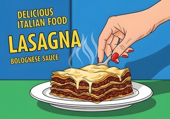 Lasagna italian food delicious meal with bolognese sauce and hand with fork ready to eat it now