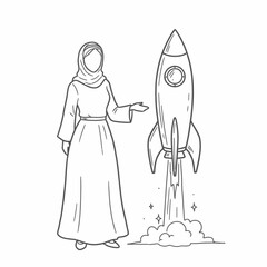 A woman in traditional attire gestures towards a rocket ship taking off.