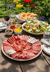 Outdoor dining with charcuterie board, salad, bread, wine and condiments on a wooden table