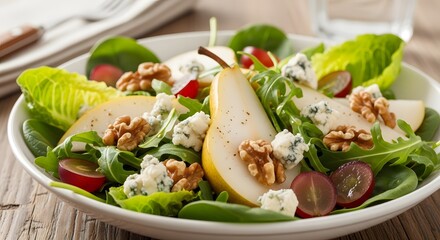 Pear salad with gorgonzola and walnuts on a white plate for a healthy lunch or dinner option