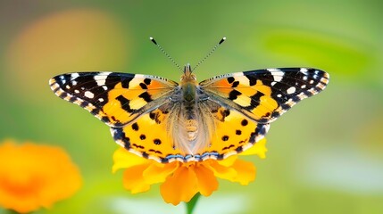 Obraz premium A beautiful butterfly with orange, black, and white wings rests on a yellow flower