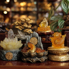 Auspicious Golden and Amber Asian Decorative Objects for Prosperity, featuring Dragon, Lotus, and Bonsai Tree Statues