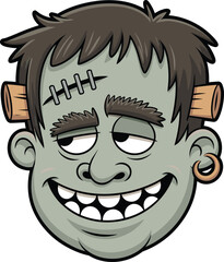 Cartoon Frankenstein monster head, green skin character, stitched forehead, angry smile, Halloween mascot design, spooky face, vector artwork, digital drawing