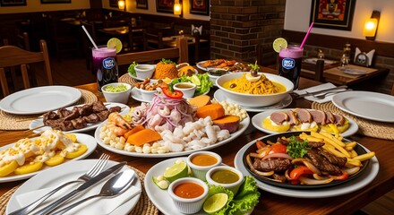 Peruvian food feast showcasing diverse cuisine and vibrant flavors on a wooden table setting
