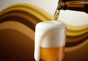 Pouring beer into glass with foam overflowing against a wavy brown and tan background design