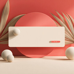 Minimalist Geometric Product Display with Beige Podium, Coral Backdrop, and Natural Leaf Elements