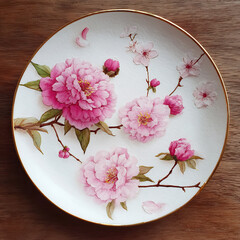 Elegant white decorative plate with intricate hand-painted pink peonies, cherry blossoms, and green leaves, featuring a delicate gold rim, set on a textured wooden background.
