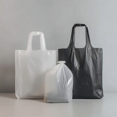 White, Black, and Clear Plastic Bags for Shopping and Waste on a Grey Background