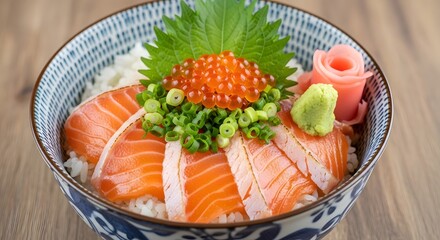 Salmon donburi bowl with roe and wasabi on a wooden table in a restaurant setting or kitchen