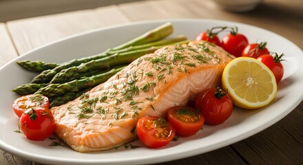 Salmon with asparagus and tomatoes served on a white plate at a restaurant with a glass of water