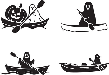 Black silhouette ghost Halloween Spooky Ghosts Rowing Kayaks with Pumpkins on Halloween
