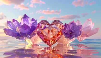 Ethereal Crystal Heart and Lotus Flowers Floating on Water.