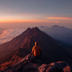 Solitary adventurer observing breathtaking sunrise from mountain peak above clouds.