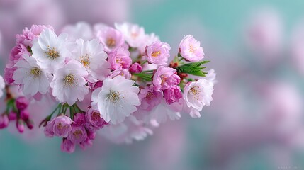 Close Up of Pink and White Cherry Blossom Flowers on Branch with Soft Blue Green Background
