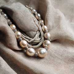 Elegant pearl necklace with large lustrous pearls and delicate beads draped on textured beige fabric