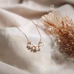 Elegant natural pearl necklace with gold chain on linen fabric background