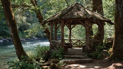 Rustic gazebo by river