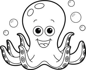 Obraz premium Cartoon octopus, smiling sea creature, underwater bubbles, black and white drawing, marine animal, coloring page, vector art, fun ocean design