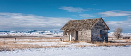An old weathered wooden house stands alone in a snowy field under a bright blue sky with distant mountains on the horizon in winter.