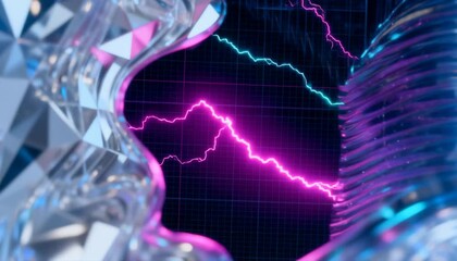 Close-up of metallic DNA double helix structure with vibrant electric sparks and digital grid background, science, - Powered by Adobe