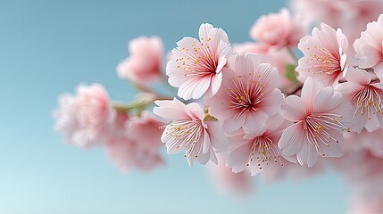 Macro Shot of Pale Pink Cherry Blossom Petals Against Soft Sky Blue Background in Cinematic HDR Lighting with Delicate Floral Details