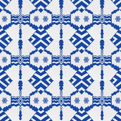 Geometric fabric pattern, geometric background, blue pattern, blue flowers, blue heart shape Geometric fabric pattern. Geometric background with blue fabric and blue pine trees. 