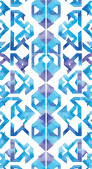 Geometric watercolor pattern with symmetrical shapes and vibrant blue hues.