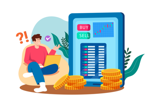 Cartoon Man with Laptop Frustrated by Stock Market Graph on Smartphone Screen and Gold Coins Stacks on Transparent Background for Adobe Stock